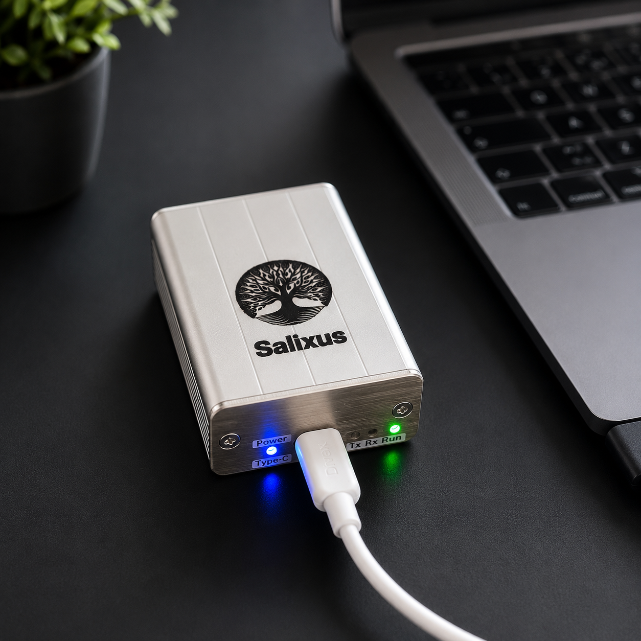 Alüminyum kasalı Salixus cihazı, USB-C ile dizüstü bilgisayara bağlı